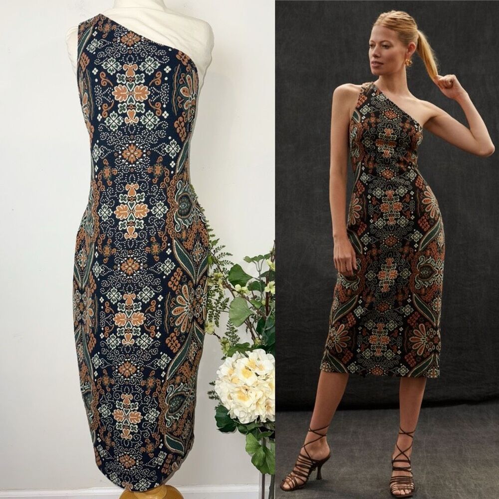 One-Shoulder Navy and Rust Printed Midi Dress
